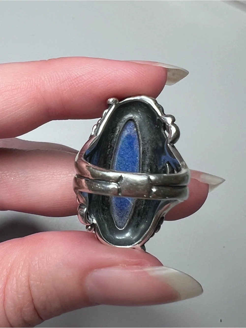 925 Sterling Silver Blue Marquise Lapis Ring Leaf Design Signed Sz 6.5-7?